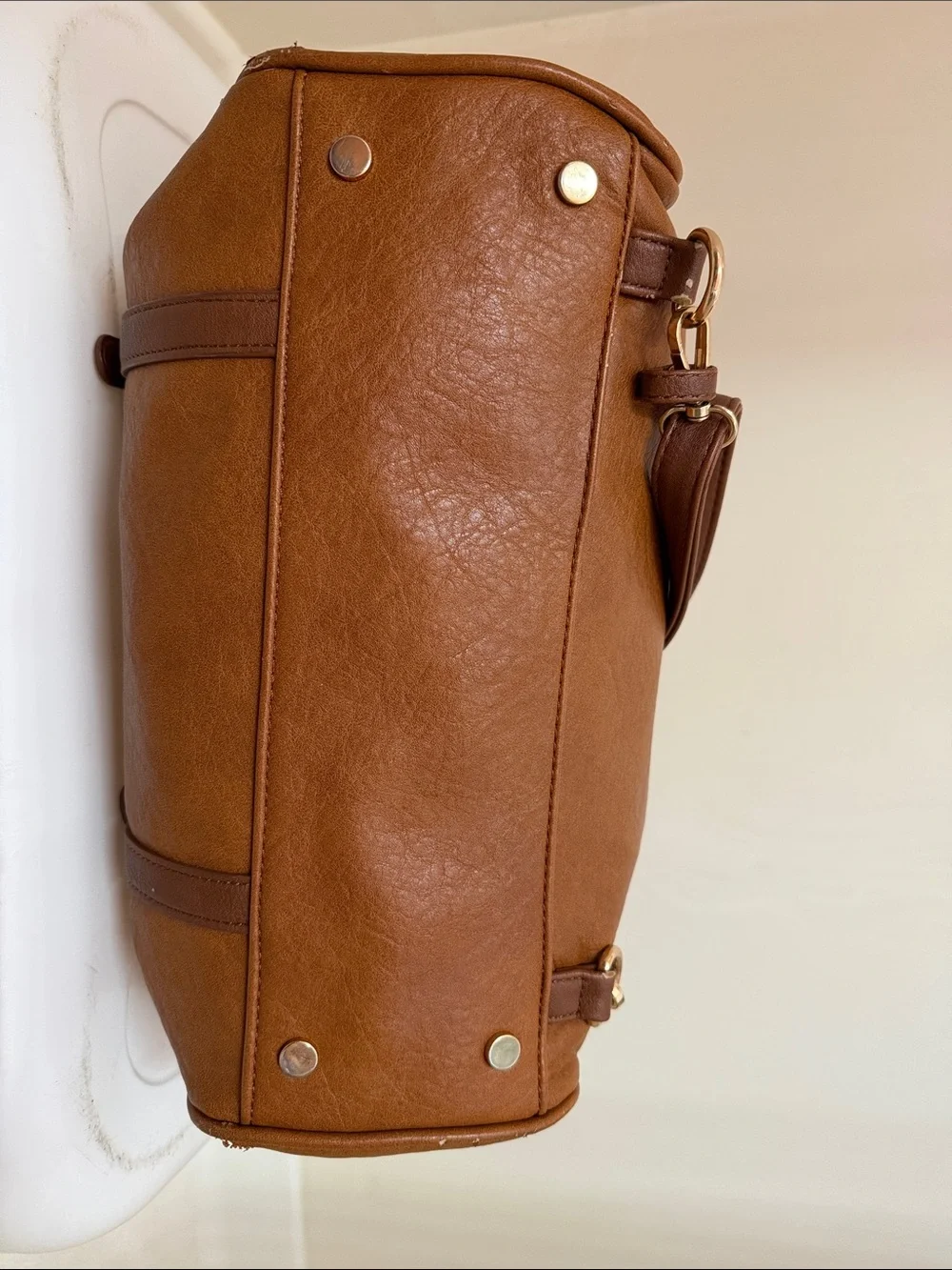 Classic Tan Faux Leather Satchel Handbag